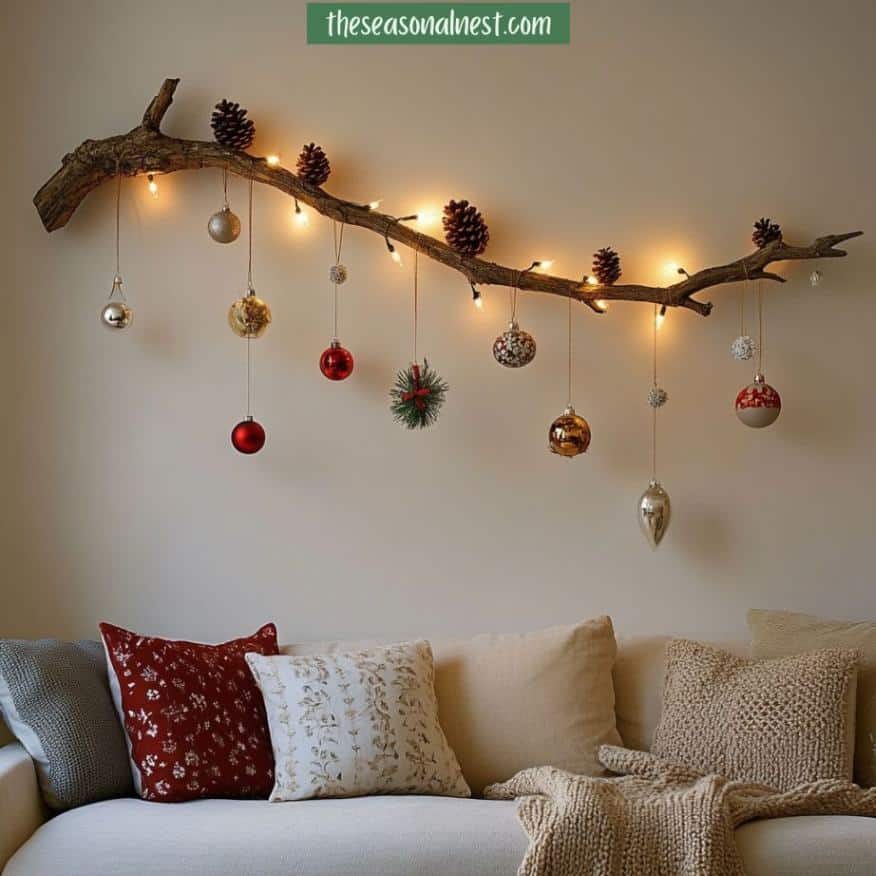 Rustic branch with ornaments and pinecones above a cozy couch.