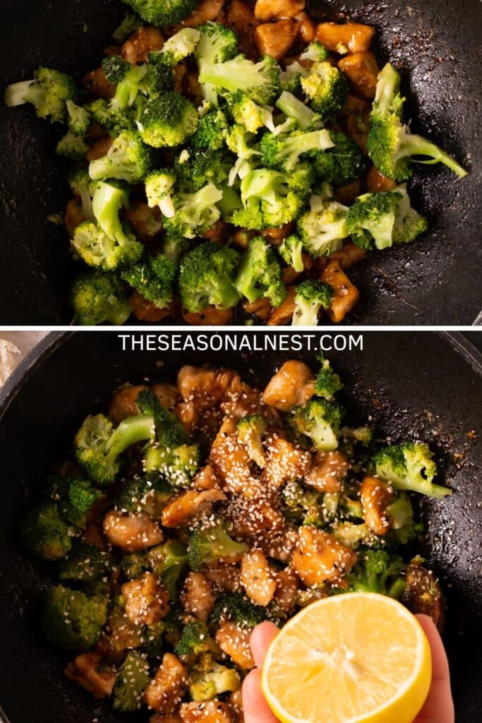 Chicken stir fry with broccoli in a skillet, finished with sesame seeds and fresh lemon juice.