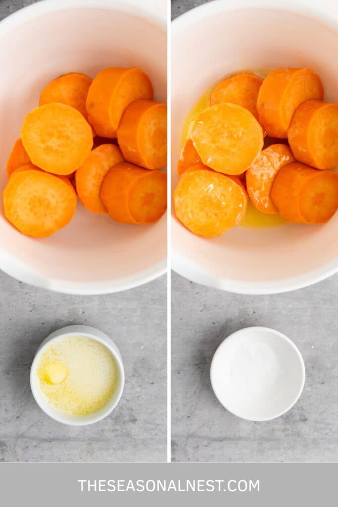 Two bowls with sweet potatoes rounds and a bowl with butter and another one with salt