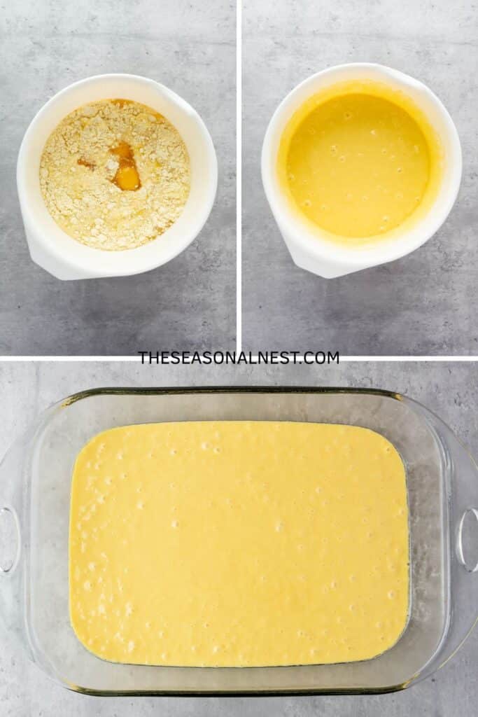 Cake mix ingredients in a bowl, blended into smooth batter and poured into a glass baking dish.