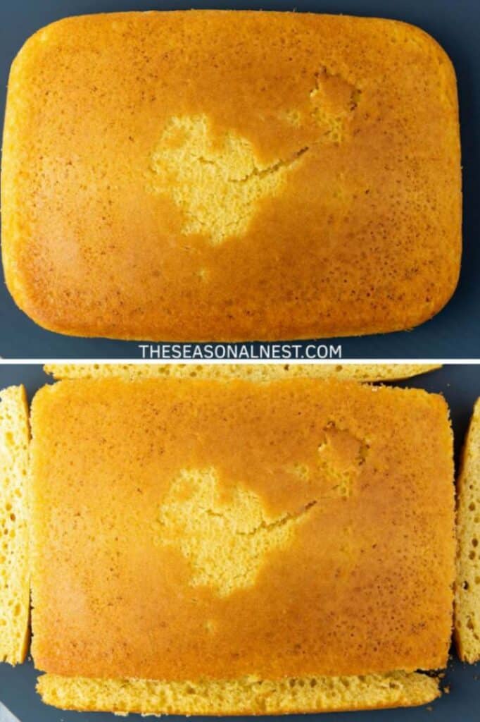 Baked vanilla sheet cake shown whole and then sliced to prepare for crumbling.