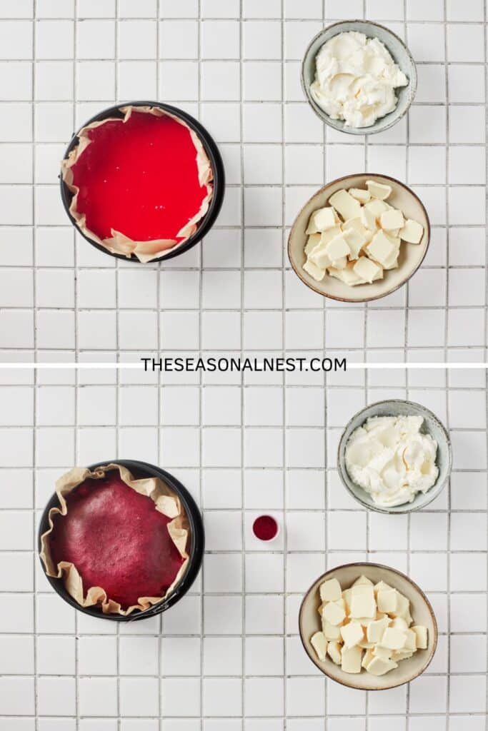 Red velvet cake in a baking tray ready to bake and a baked red velvet cake with cream cheese frosting in a bowl.