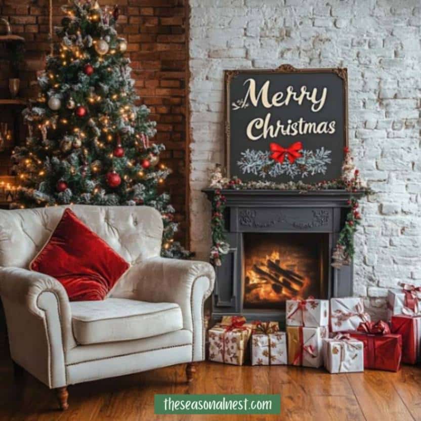 Living room with a "Merry Christmas" sign, festive fireplace, and holiday decor.