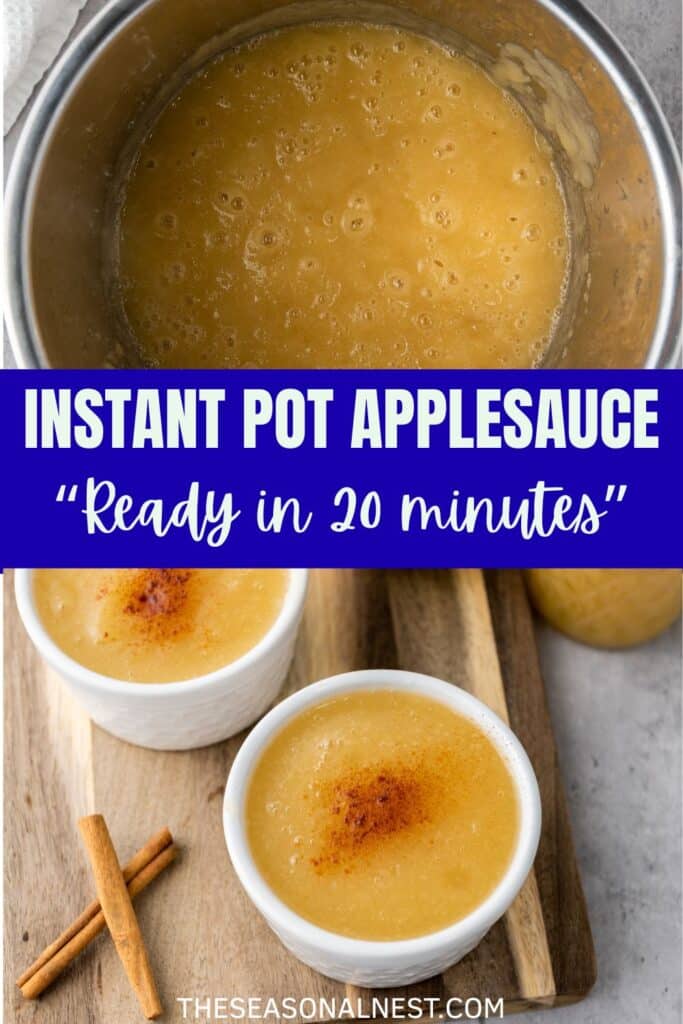 Two bowls of applesauce sprinkled with cinnamon on a wooden board, with text overlay “Ready in 20 minutes.