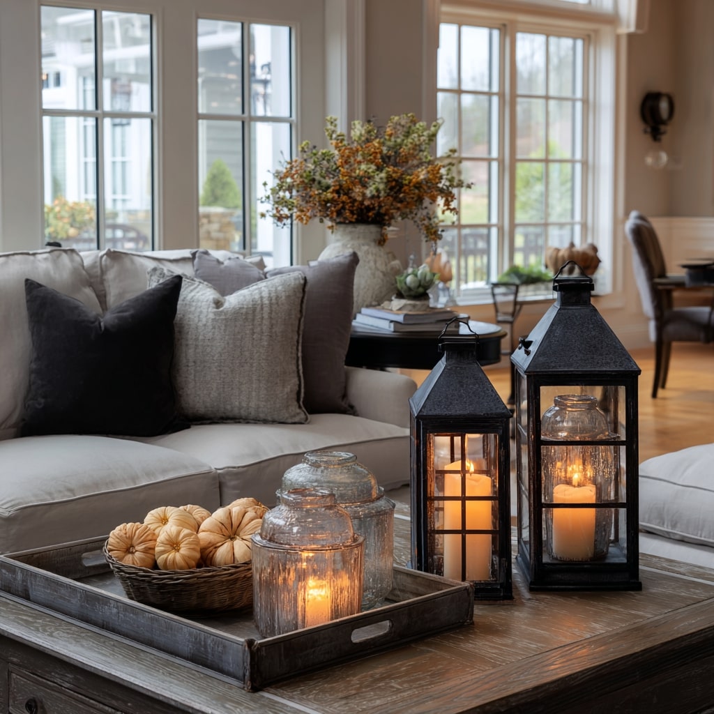 Earthy farmhouse living room with natural wood coffee table, black metal lantern with candles, soft gray sofa, exposed wood beams, and warm neutral textures.