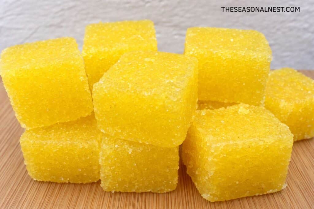 DIY Lemon scrub cubes on a wooden surface.