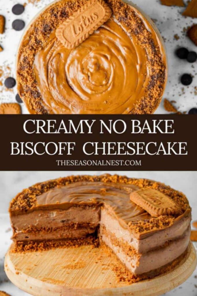 Whole no-bake Biscoff cheesecake with a glossy caramel cookie butter topping and crushed Lotus biscuit crust.