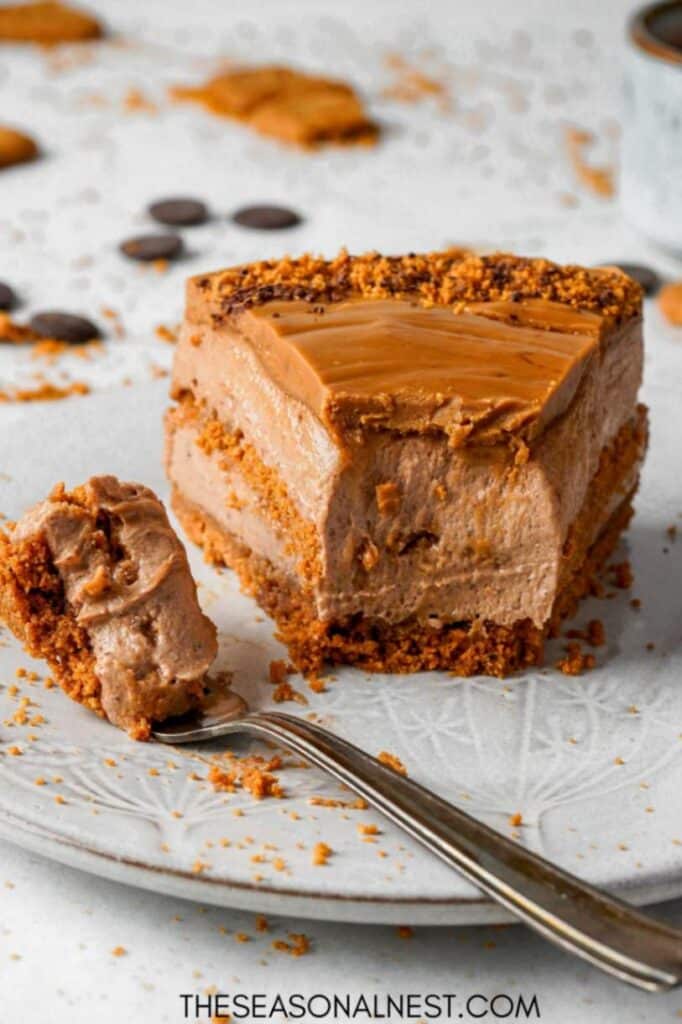 Slice of creamy chocolate Biscoff cheesecake with layers of cookie crust and smooth Biscoff topping on a plate.