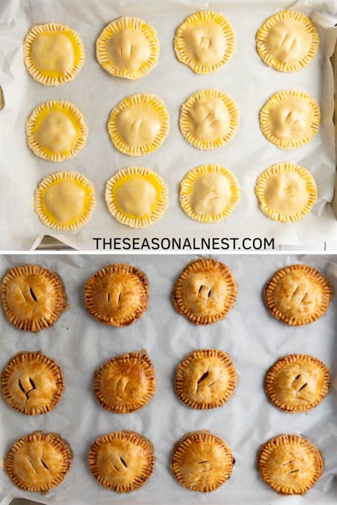 Mini apple hand pies before and after baking, golden brown small apple pies perfect for handheld fall desserts and easy homemade mini treats.