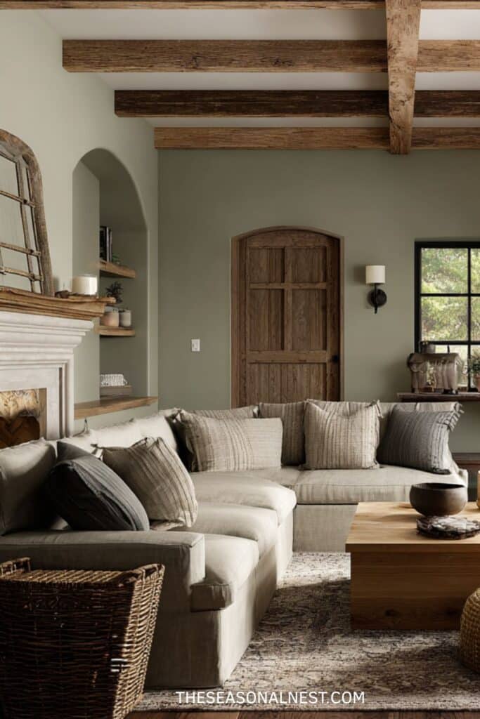 Muted olive earthy farmhouse living room with sectional sofa, rustic wood door, exposed beams, woven basket accents, and natural wood coffee table.