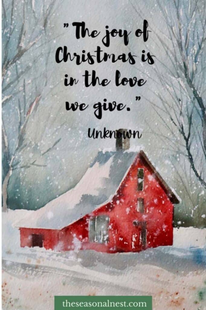 A festive card with a snowy background, a red house, and a short cute Christmas quote.