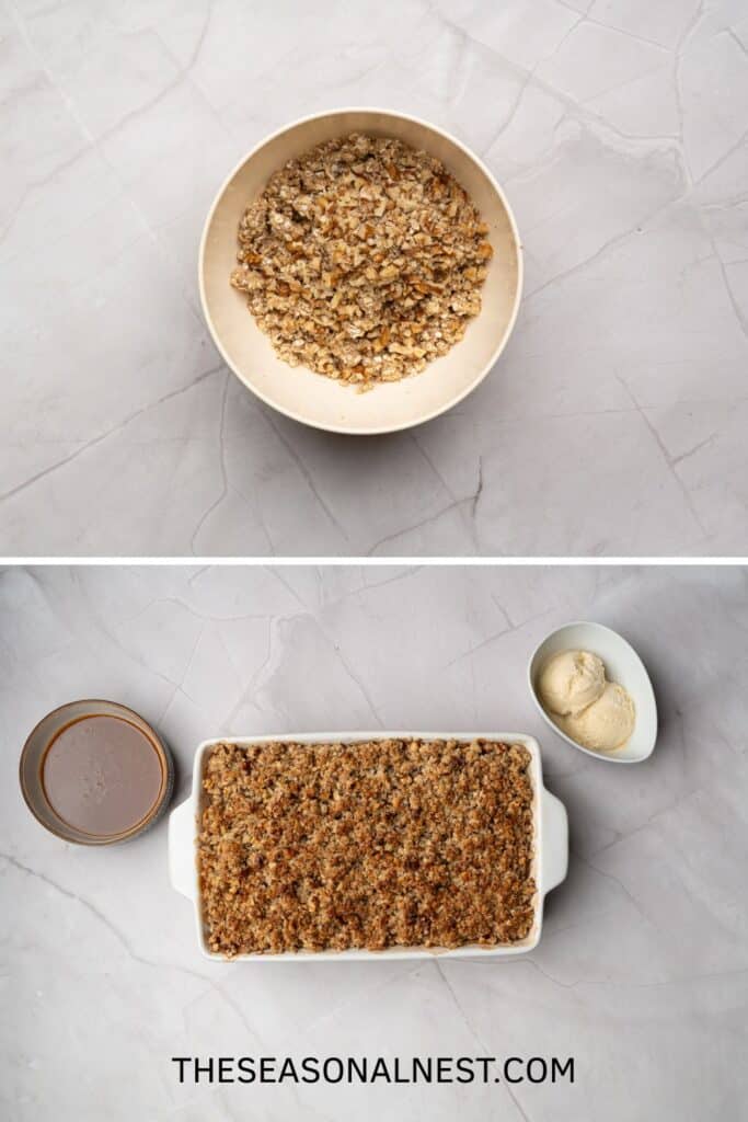 Bowl of oat and nut topping mix, and a baked apple crisp in a white dish served with ice cream and caramel sauce.