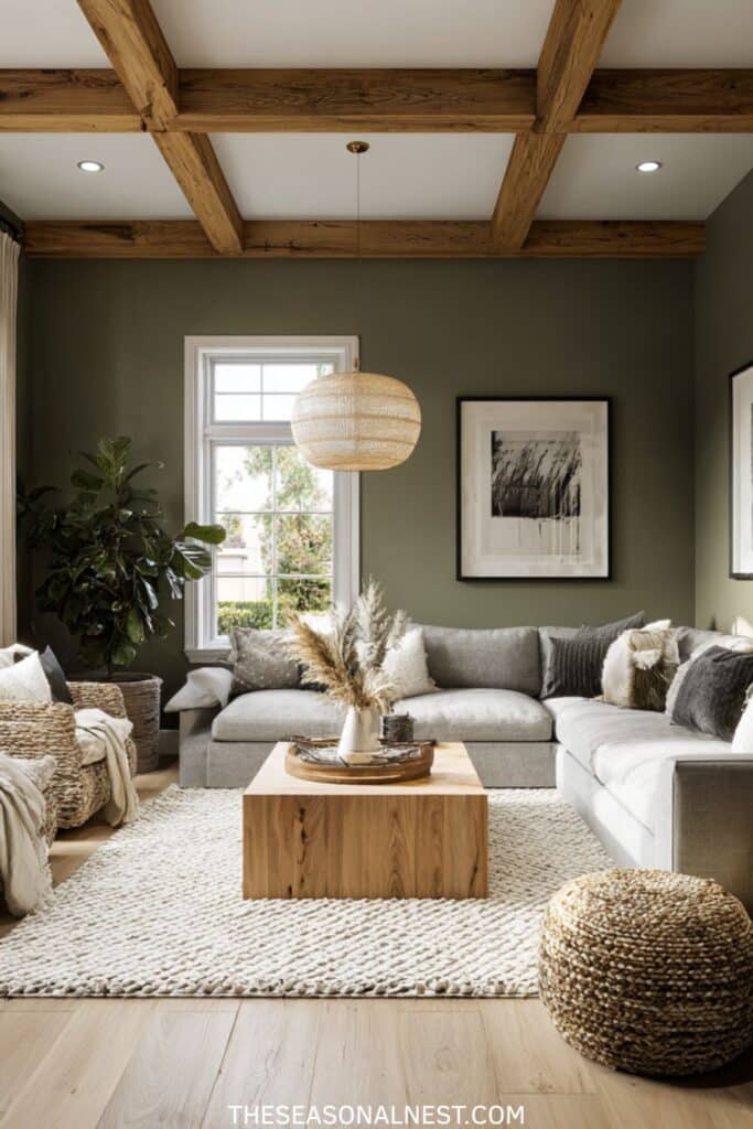 Olive green earthy farmhouse living room with wood beam ceiling, sectional sofa, woven pouf, natural wood coffee table, and layered neutral textures.