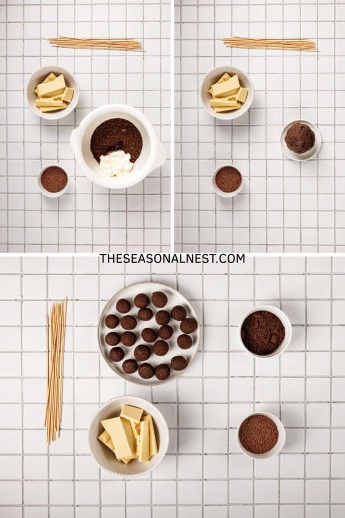 Step-by-step overhead showing Oreo crumbs, cream cheese, white chocolate, and rolled Oreo balls arranged on a tiled surface.