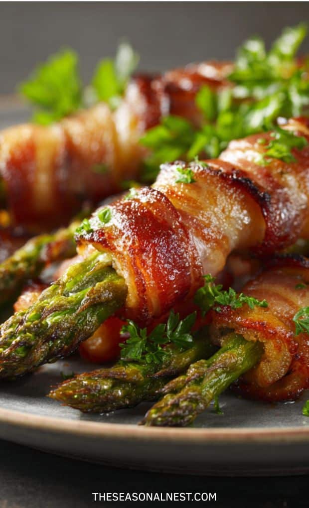 Baked asparagus bundles wrapped in crispy bacon