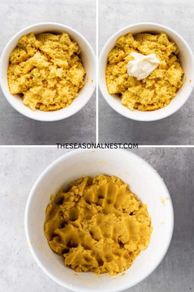 Crumbled cake in a bowl, topped with vanilla frosting and mixed into a smooth cake pop dough.