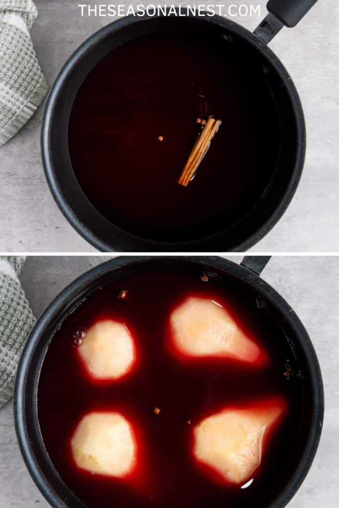 A saucepan with red wine,  honey, cinnamon sticks and cloves. 
Poached peras in wine