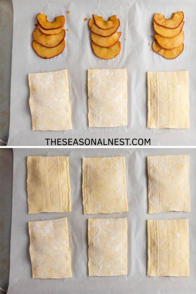 Puff pastry rectangles filled with cinnamon apples, folded and ready to bake.