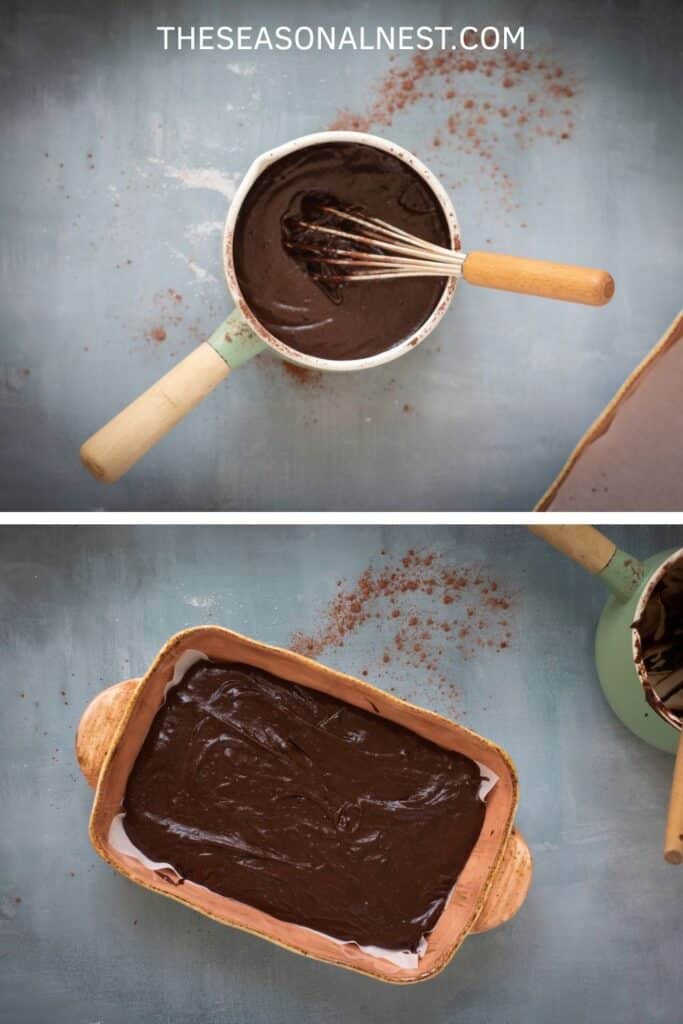 Mixing chocolate brownie batter in a saucepan and pouring it into a baking dish lined with parchment paper for a fall pumpkin brownie recipe.