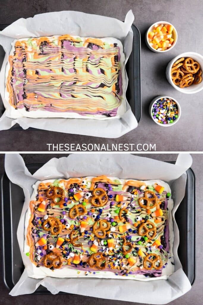 Halloween bark in a baking pan with swirled orange, green, purple, and black candy melts, topped with pretzels, candy corn, and spooky sprinkles.
