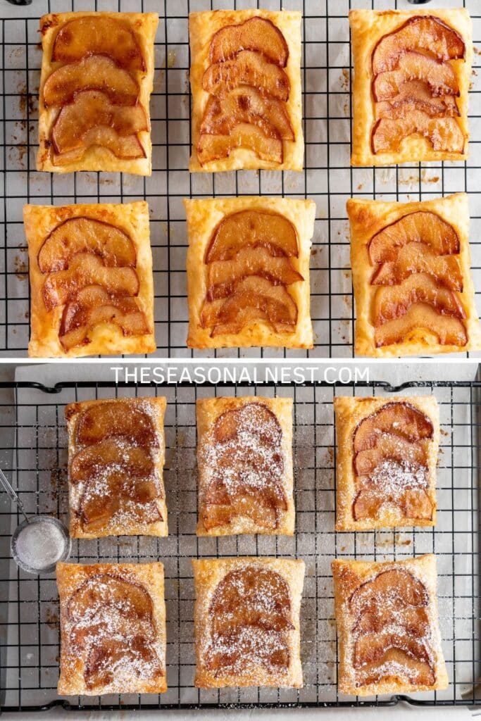 Freshly baked mini apple puff pastry tarts cooling on a wire rack, dusted with powdered sugar.