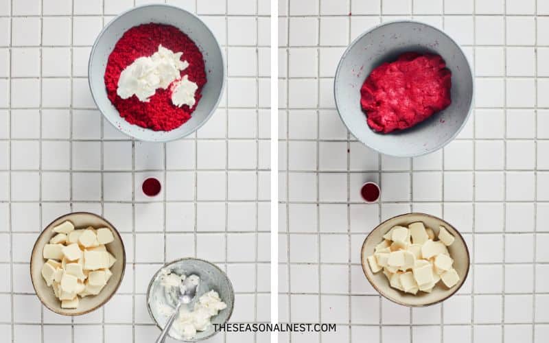 Rel velvet cake crumbs mixed with cream cheese frosting to make a dough.