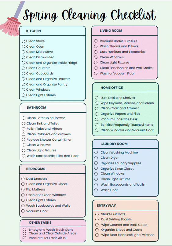 Spring Cleaning Checklist with cleaning tasks to follow.
