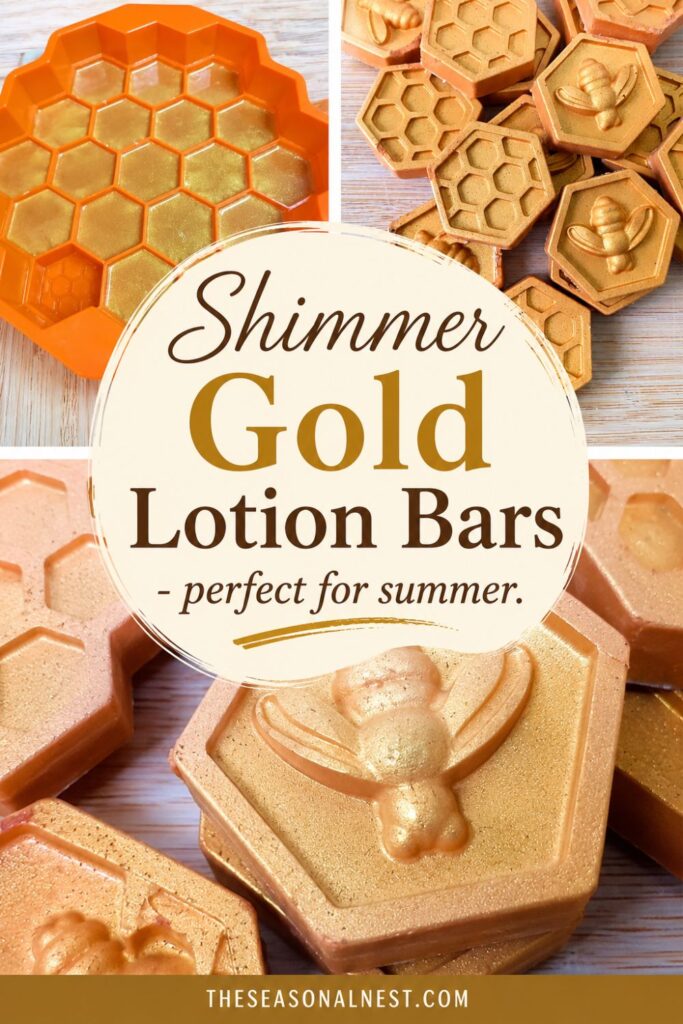 Collage pin showing homemade shimmer gold lotion bars in honeycomb and bee molds, including close-up shots of the lotion bars in silicone molds and finished bronzing lotion bars stacked together for a summer body care DIY.