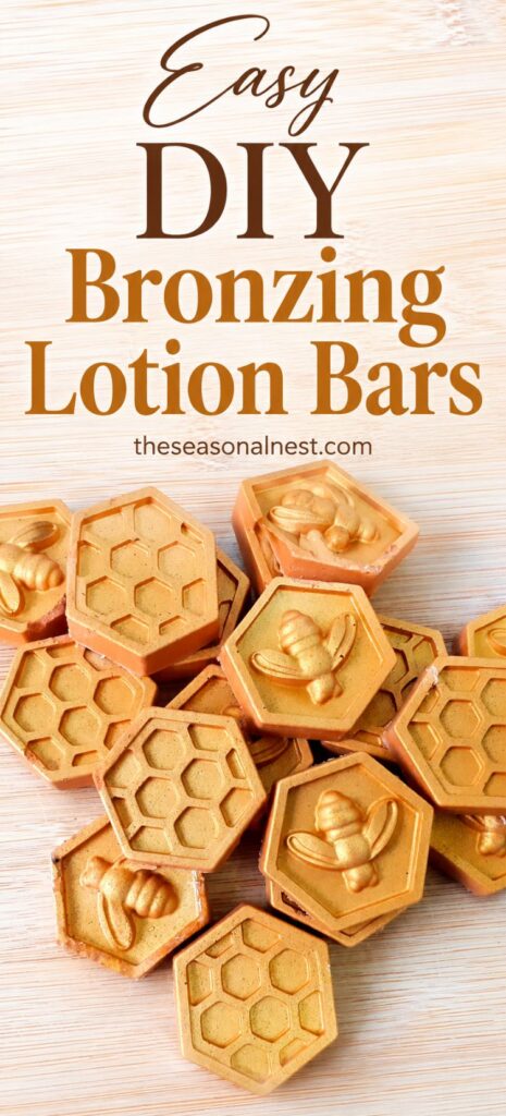 Homemade shimmer lotion bars in hexagon shapes with bee and honeycomb designs, stacked together in warm bronze tones for a DIY bronzing body bar recipe tutorial.