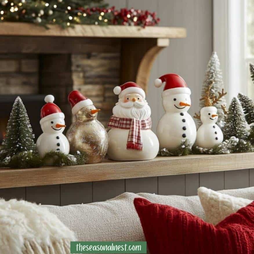 Mantel with snowmen and Santa figurines paired with mini trees and garlands.