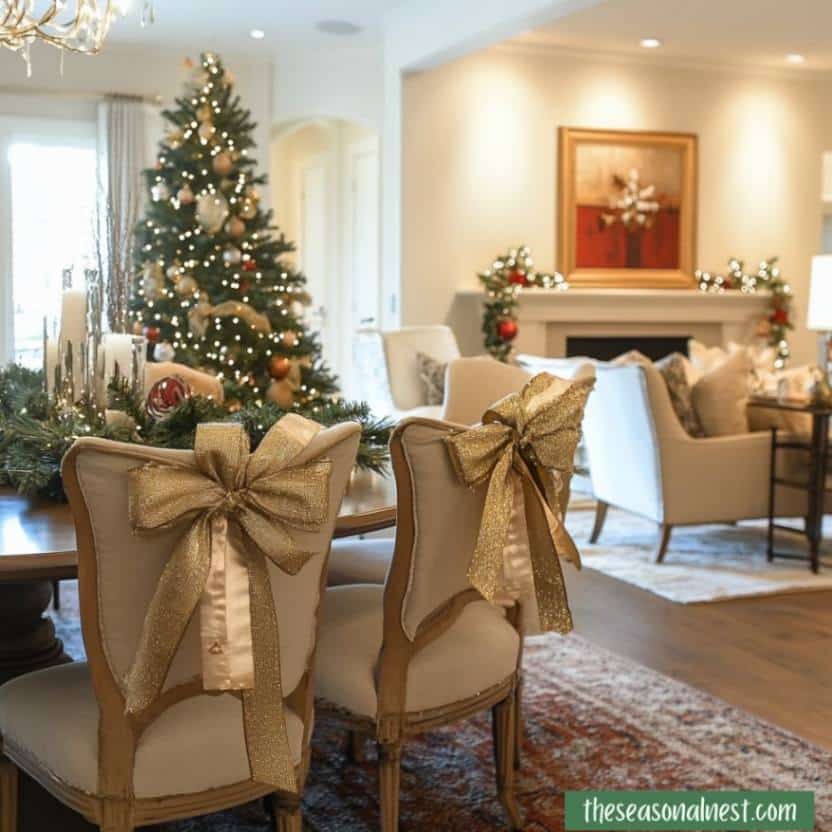 Dining room with gold bows on chairs and a decorated tree in the background.