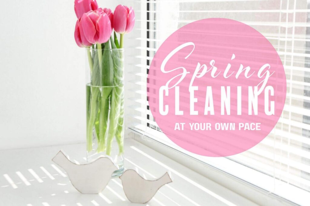 Pink tulips in a glass vase by a window with text overlay “Spring Cleaning at Your Own Pace.”