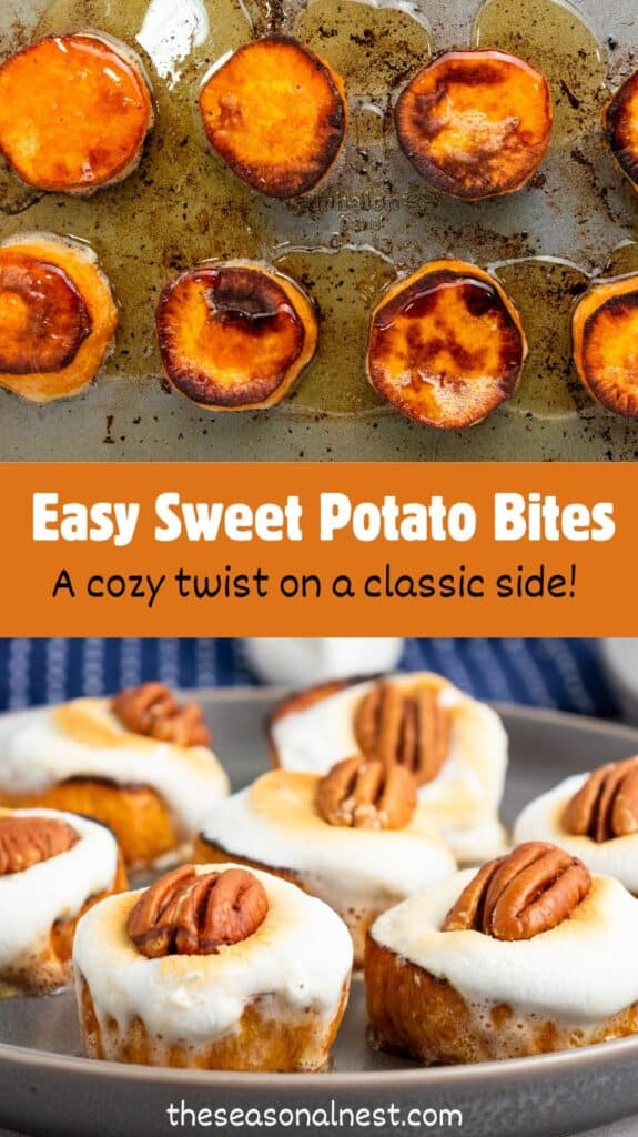 Mini sweet potato bites topped with toasted marshmallows and pecans on a plate, perfect for a cozy holiday appetizer or dessert.