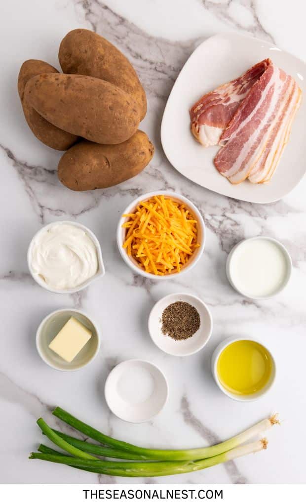 Ingredients to make cheesy twice baked oven potatoes