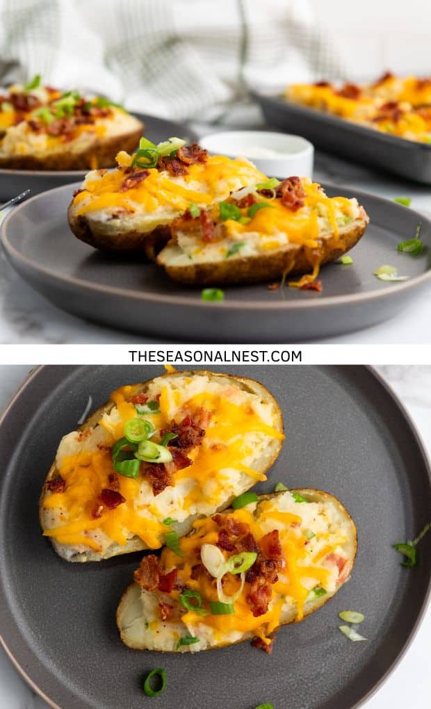 Close-up of cheesy twice baked potatoes on plates, topped with bacon and sliced green onions, ready to serve.