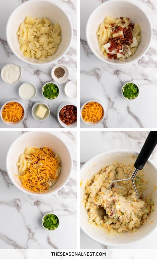 Step-by-step mixing process for stuffed potato filling with bacon, sour cream, cheese, butter, milk, and green onions in a white bowl.