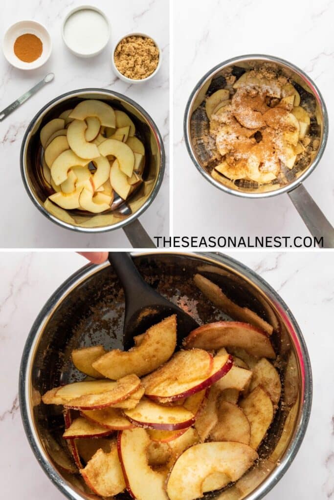 Apples mixed with sugar and cinnamon in a saucepan, cooking down for puff pastry apple tarts.