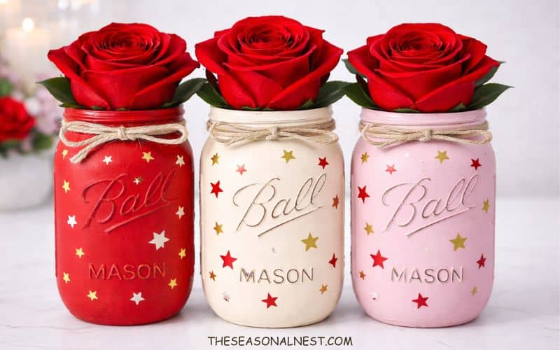 Three painted mason jars in red, cream, and pink with star details and red roses, arranged as Valentine’s Day centerpieces.