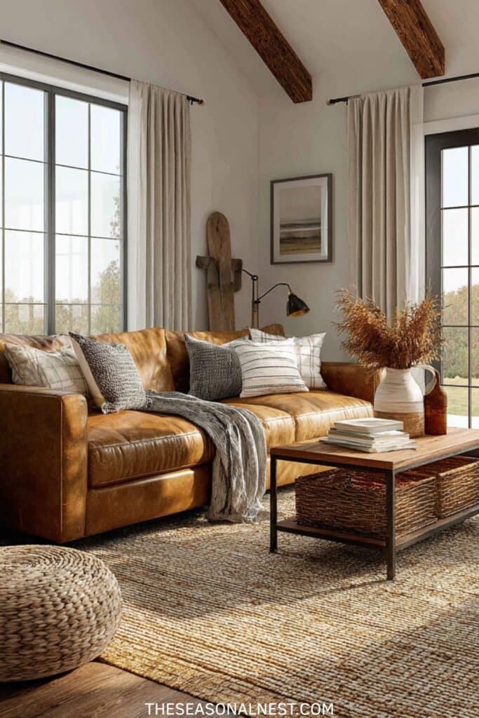 Warm earthy farmhouse living room with caramel leather sofa, woven jute rug, wood coffee table with baskets, and exposed ceiling beams.