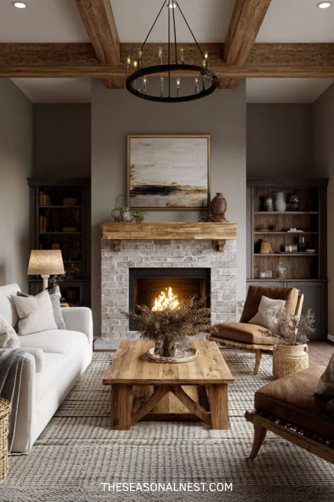 Warm rustic farmhouse living room with brick fireplace, wood mantel, leather chair, white sofa, and natural wood coffee table under exposed beams.