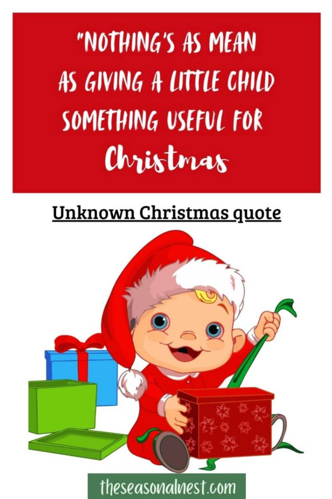 A cheeky holiday saying displayed on a bold red banner, paired with an adorable illustration of a child in a Santa hat opening a festive gift box, surrounded by colorful presents.