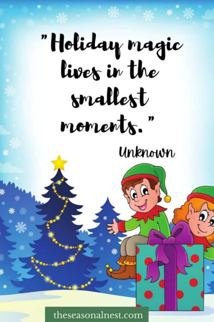 Whimsical card with a holiday quote adorned with elves, gifts, and a snowy blue background.