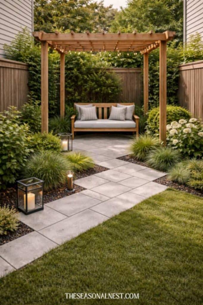 Pergola at the end of a small backyard with a sitting area surrounded by plants.