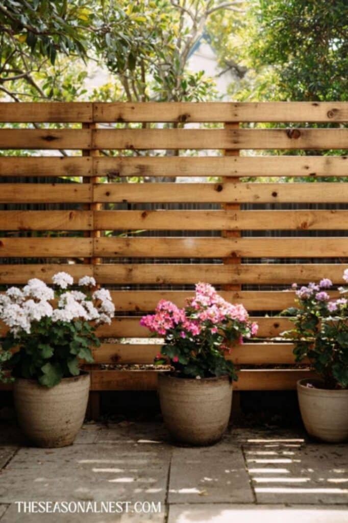 Horizontal slat fencing with flower planters on the floor.