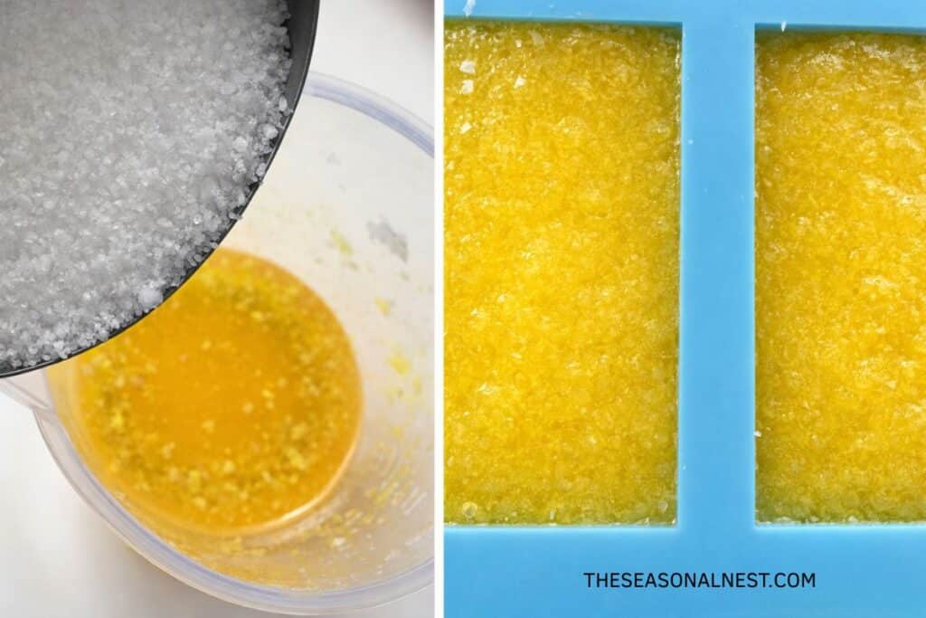 Adding sugar to oil and sugar scrub setting in a mold.