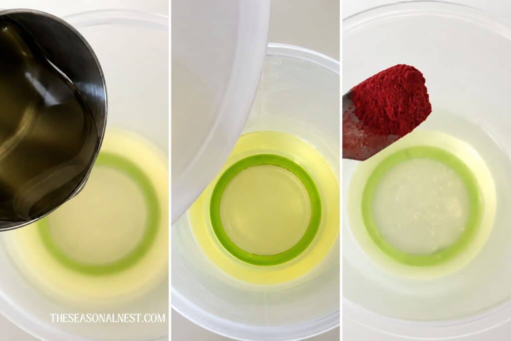 Adding sweet almond oil, vitamin E and betroot powder to the lip balm mixture