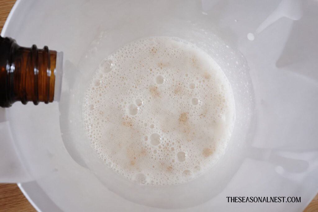 Spraying alcohol on lavender soap.