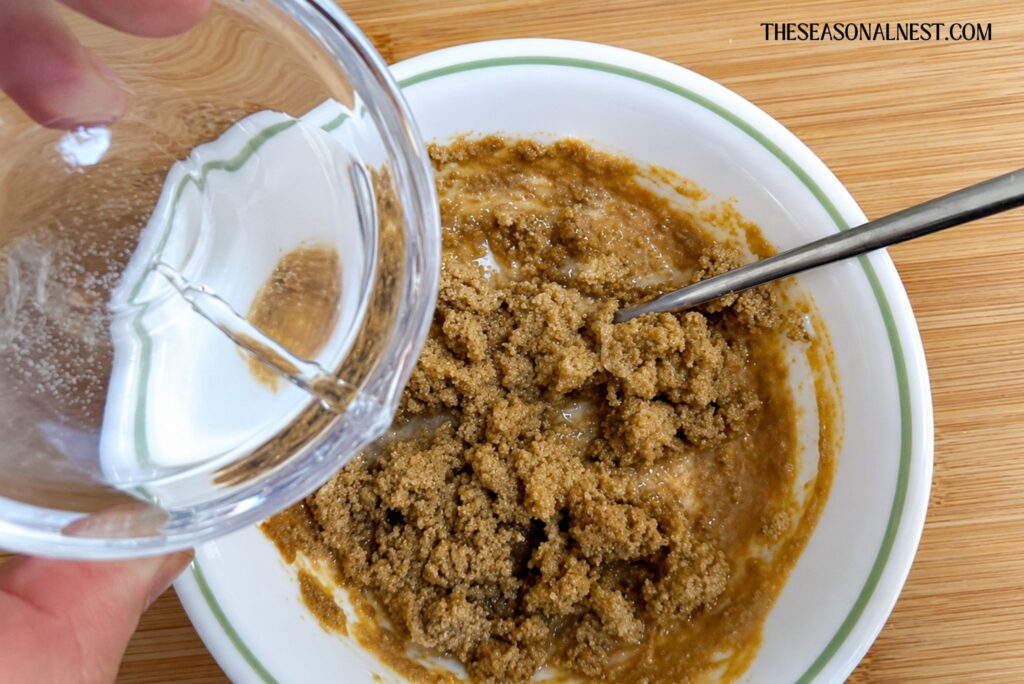 Close-up image of water being added to a bentonite clay hair mask mixture in a white bowl while mixing the DIY hair treatment ingredients.