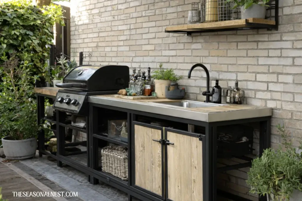 affordable backyard kitchen black frame setup