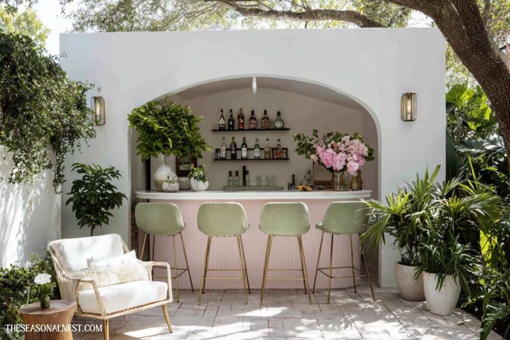 Arched outdoor bar with soft pink counter, green stools, shelves, and plants in a bright garden setting.